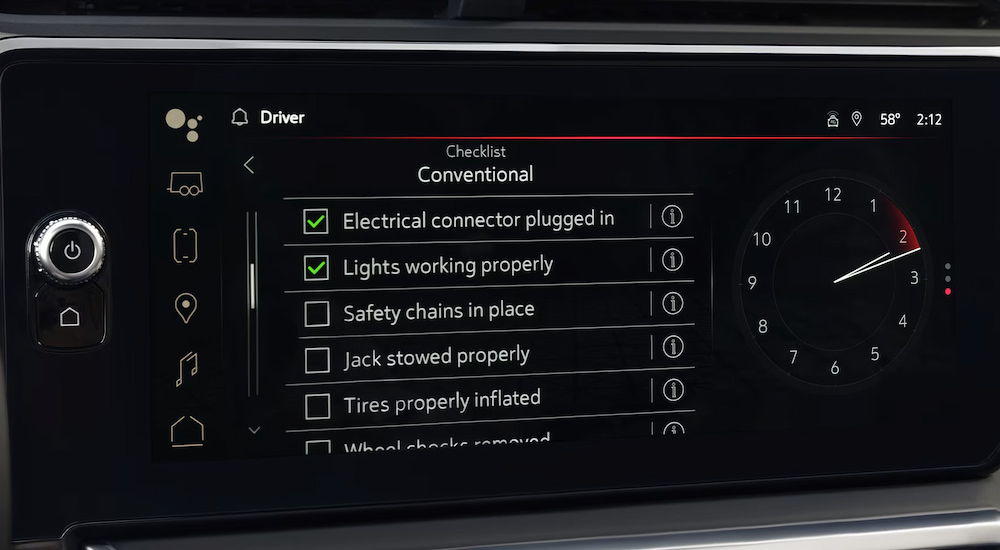 Close-up of the digital trailering checklist on the infotainment screen in a 2024 GMC Sierra 1500 Elevation for sale.