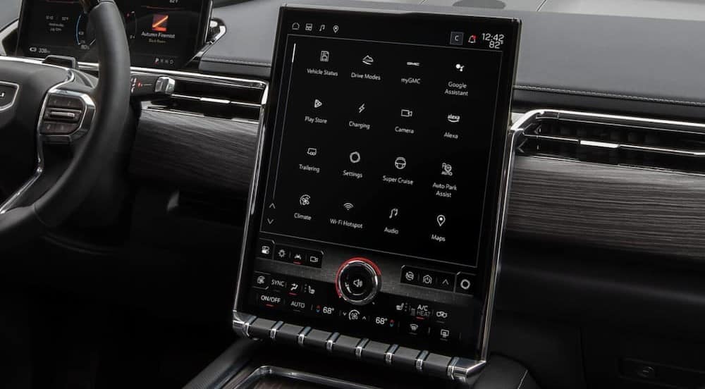 Close-up of the infotainment screen in a 2025 GMC Sierra EV.