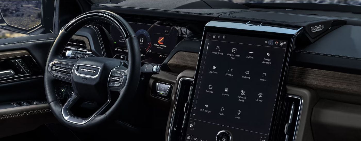 Infotainment display and steering wheel in a 2026 GMC Yukon XL.