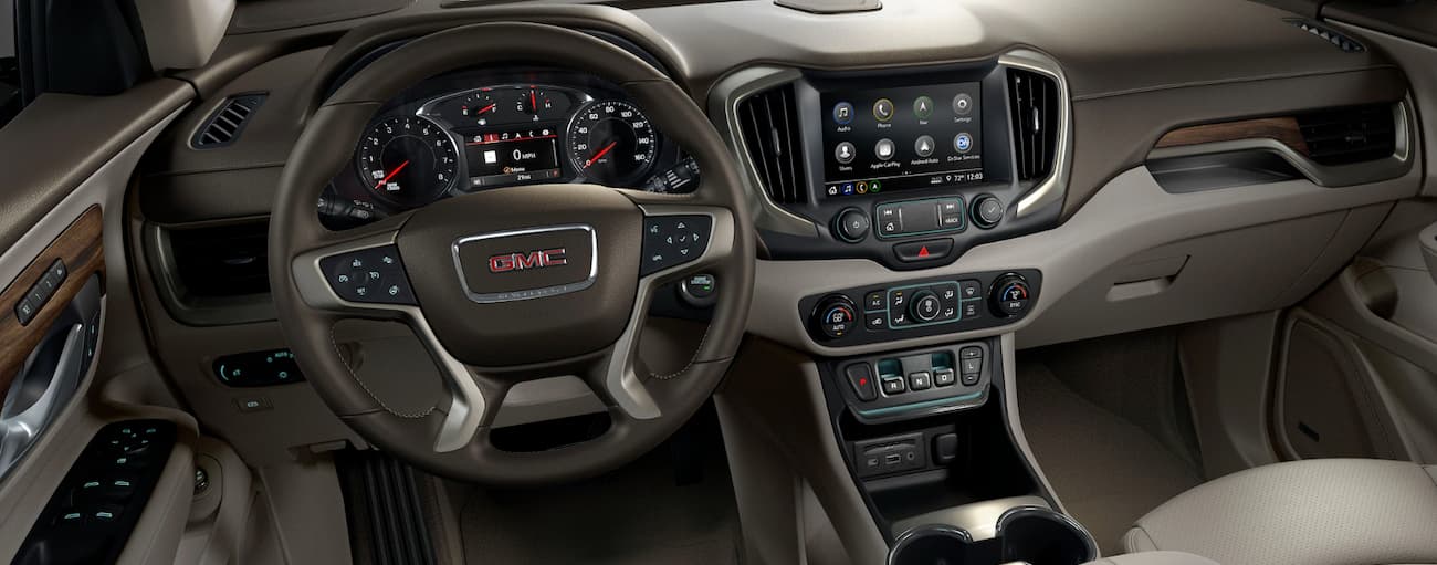 The brown interior of a 2020 GMC Terrain.